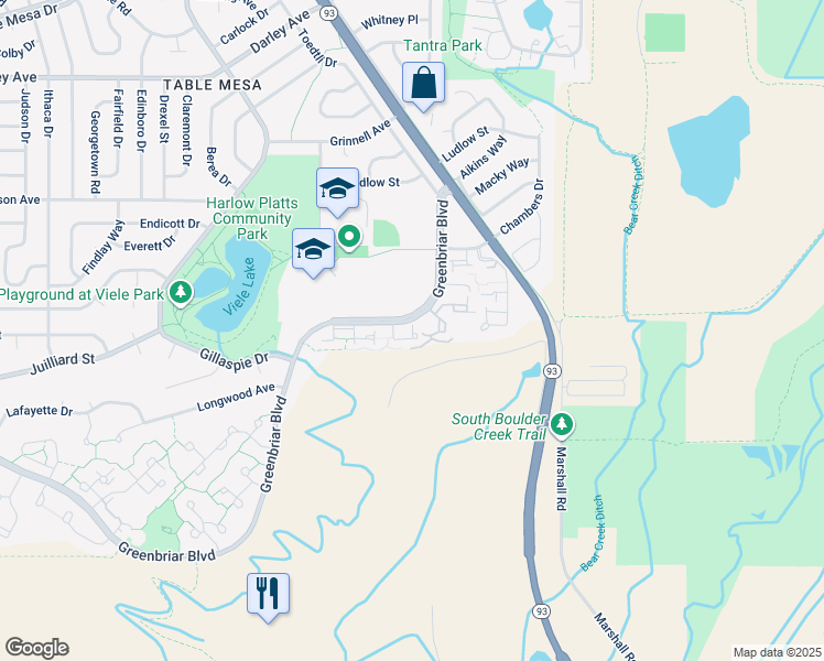 map of restaurants, bars, coffee shops, grocery stores, and more near 4500 Greenbriar Boulevard in Boulder