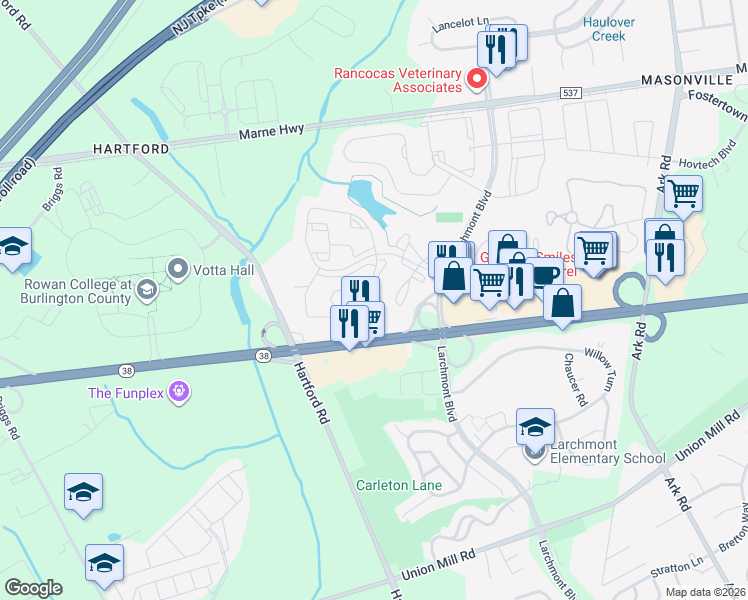 map of restaurants, bars, coffee shops, grocery stores, and more near B5504 Aberdeen Drive in Mount Laurel Township