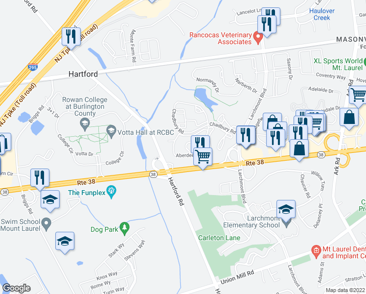 map of restaurants, bars, coffee shops, grocery stores, and more near 4705A Dunbarton Road in Mount Laurel
