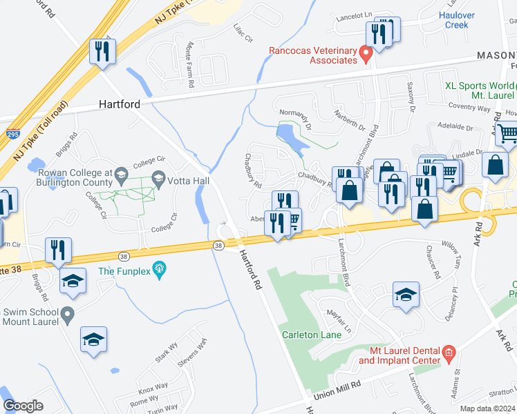 map of restaurants, bars, coffee shops, grocery stores, and more near 4707A Dunbarton Road in Mount Laurel Township