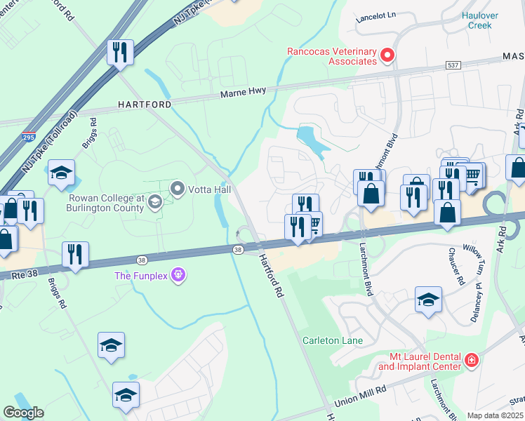 map of restaurants, bars, coffee shops, grocery stores, and more near 131 Hartford Road in Mount Laurel Township