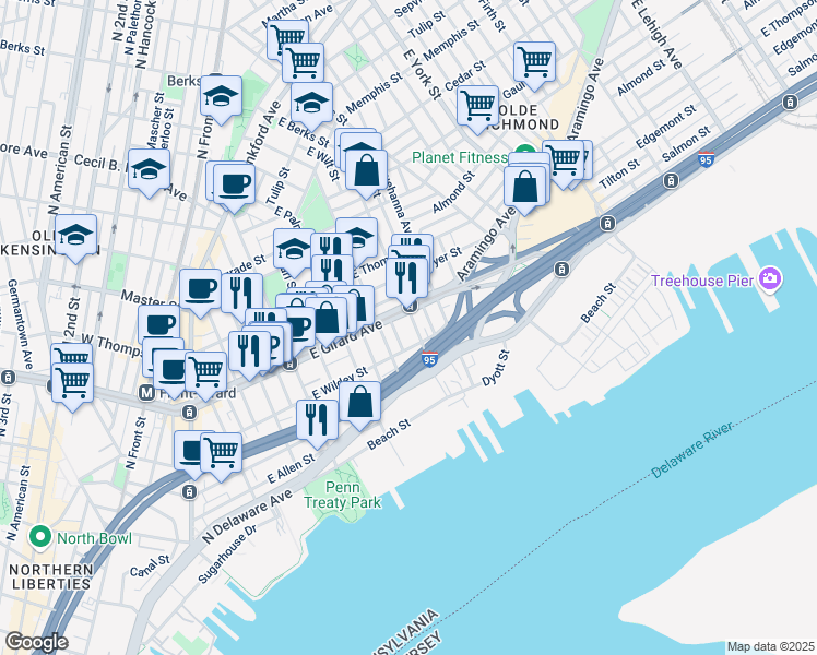 map of restaurants, bars, coffee shops, grocery stores, and more near 13 East Wildey Street in Philadelphia