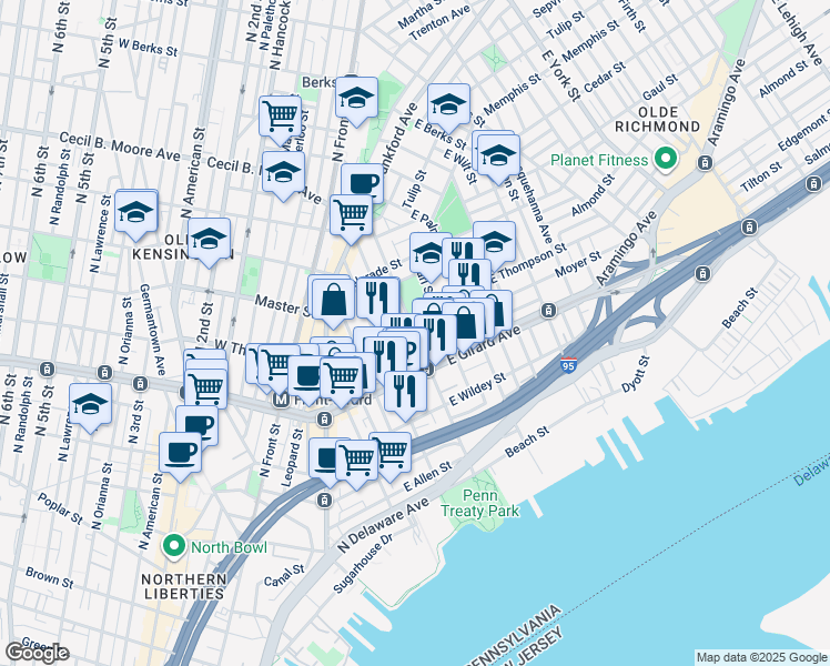 map of restaurants, bars, coffee shops, grocery stores, and more near 401 East Girard Avenue in Philadelphia