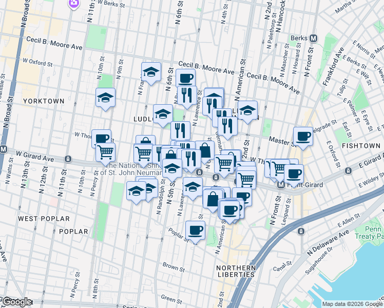 map of restaurants, bars, coffee shops, grocery stores, and more near 1200 North Orkney Street in Philadelphia