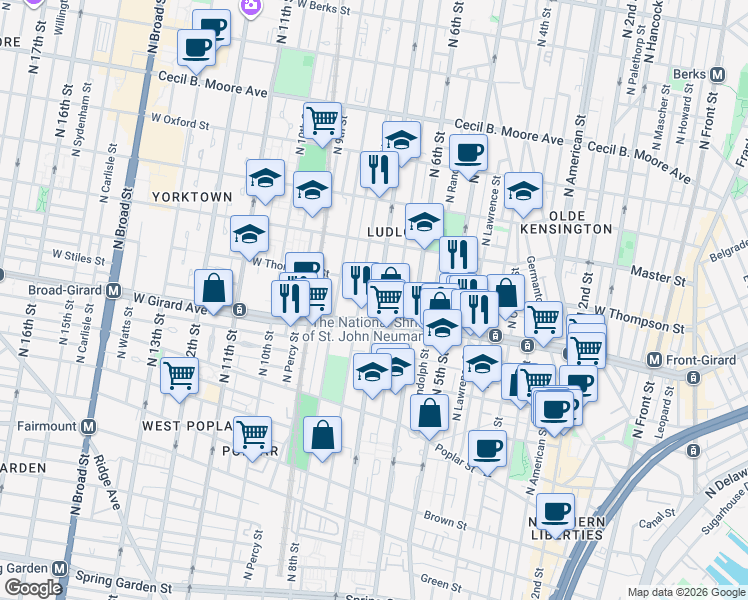 map of restaurants, bars, coffee shops, grocery stores, and more near in Philadelphia