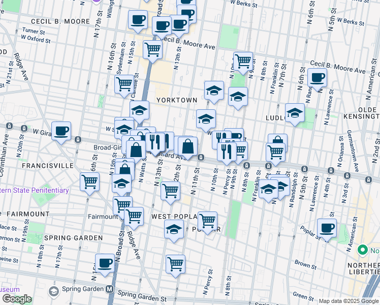 map of restaurants, bars, coffee shops, grocery stores, and more near 1100 West Girard Avenue in Philadelphia