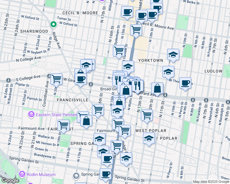 map of restaurants, bars, coffee shops, grocery stores, and more near 1419 Poplar Street in Philadelphia