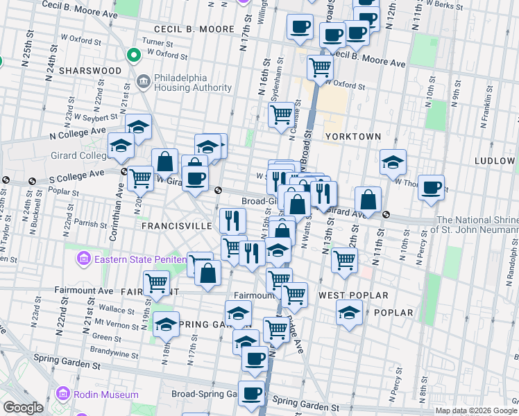 map of restaurants, bars, coffee shops, grocery stores, and more near 1515 Poplar Street in Philadelphia