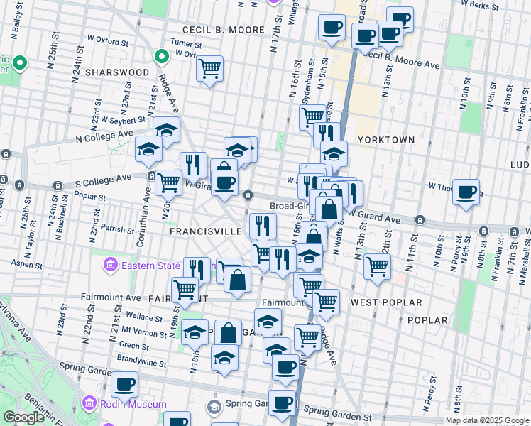 map of restaurants, bars, coffee shops, grocery stores, and more near 1606 Poplar Street in Philadelphia