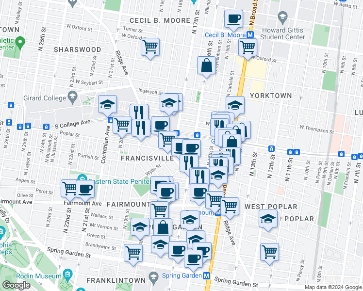 map of restaurants, bars, coffee shops, grocery stores, and more near 1606 Poplar Street in Philadelphia