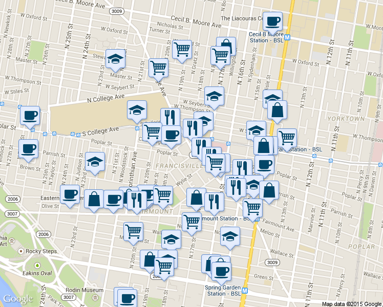 map of restaurants, bars, coffee shops, grocery stores, and more near in Philadelphia