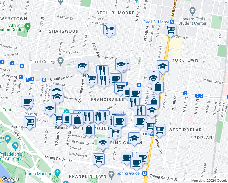 map of restaurants, bars, coffee shops, grocery stores, and more near in Philadelphia
