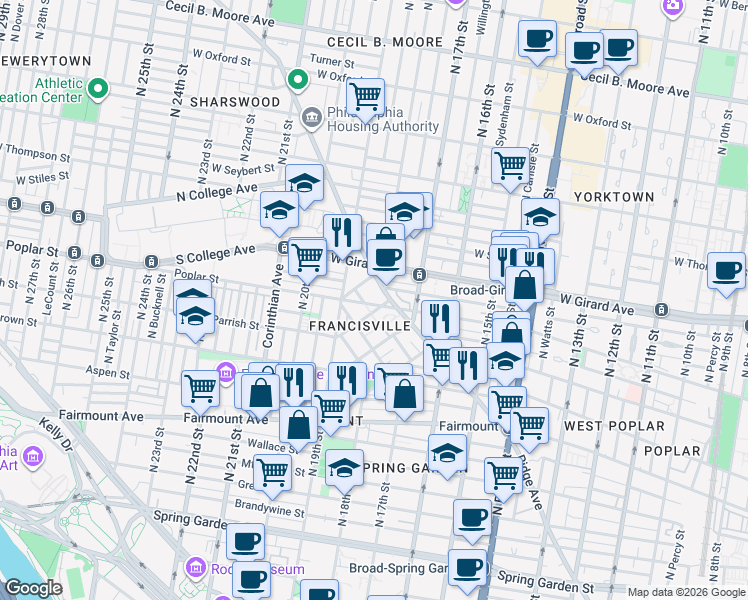 map of restaurants, bars, coffee shops, grocery stores, and more near in Philadelphia