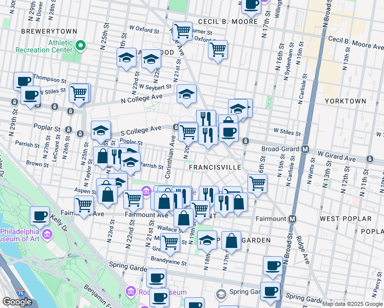 map of restaurants, bars, coffee shops, grocery stores, and more near 1926 Poplar Street in Philadelphia
