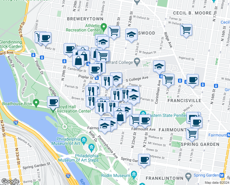 map of restaurants, bars, coffee shops, grocery stores, and more near 851 North Ringgold Street in Philadelphia