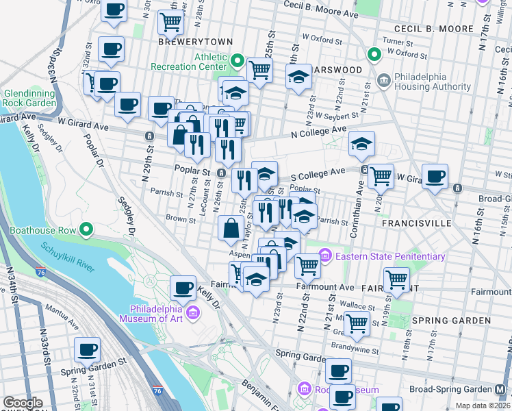 map of restaurants, bars, coffee shops, grocery stores, and more near 2437 Brown Street in Philadelphia