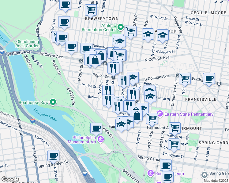 map of restaurants, bars, coffee shops, grocery stores, and more near 2532 Parrish Street in Philadelphia