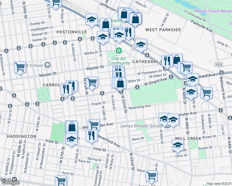 map of restaurants, bars, coffee shops, grocery stores, and more near 5225 Poplar Street in Philadelphia