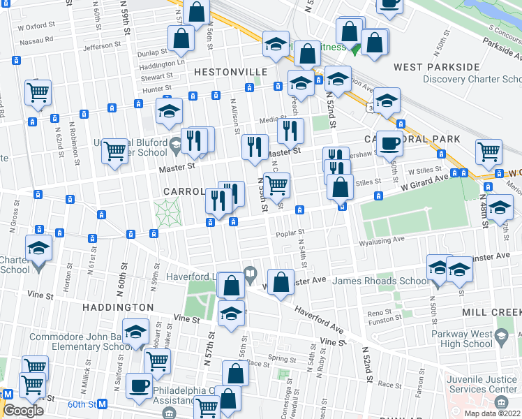map of restaurants, bars, coffee shops, grocery stores, and more near 5508 West Girard Avenue in Philadelphia