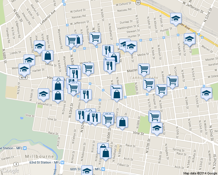 map of restaurants, bars, coffee shops, grocery stores, and more near 6035 Haverford Avenue in Philadelphia