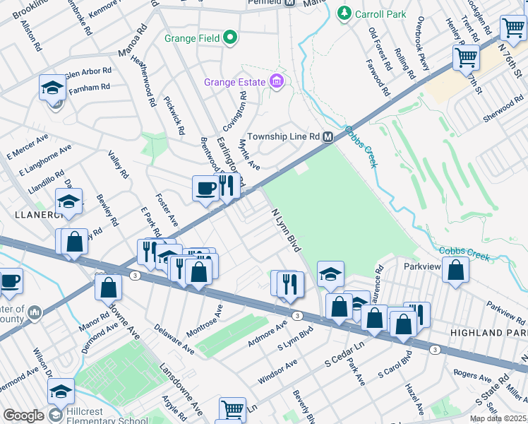 map of restaurants, bars, coffee shops, grocery stores, and more near 263 North Linden Avenue in Delaware County
