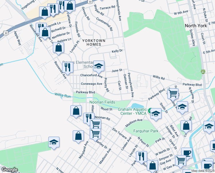 map of restaurants, bars, coffee shops, grocery stores, and more near 767 Priority Road in York