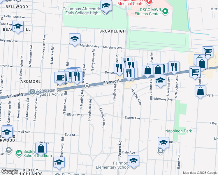 map of restaurants, bars, coffee shops, grocery stores, and more near 3188 Broadmoor Avenue in Columbus
