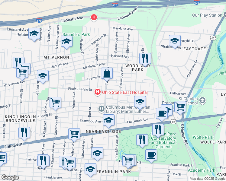 map of restaurants, bars, coffee shops, grocery stores, and more near 1540 Hawthorne Avenue in Columbus