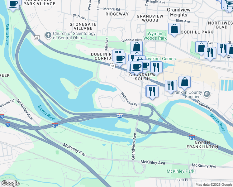 map of restaurants, bars, coffee shops, grocery stores, and more near 678 Mallard Crossing Way in Columbus