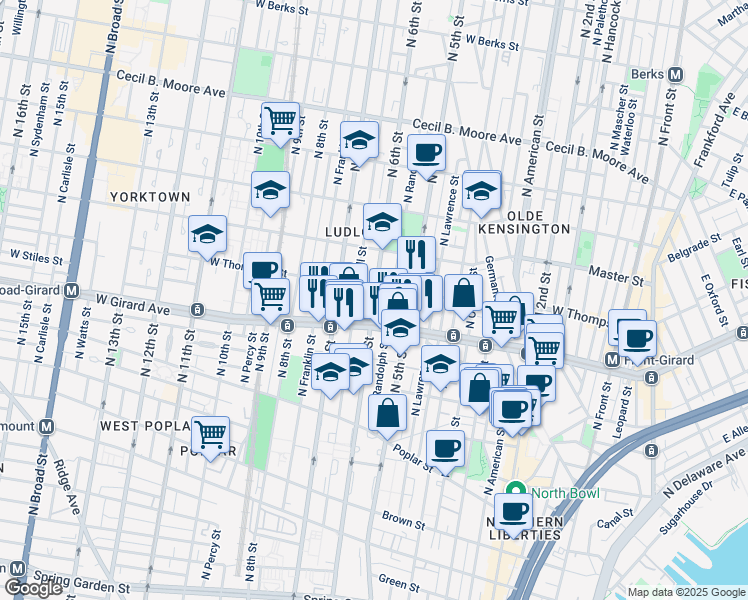 map of restaurants, bars, coffee shops, grocery stores, and more near 1232 North 6th Street in Philadelphia