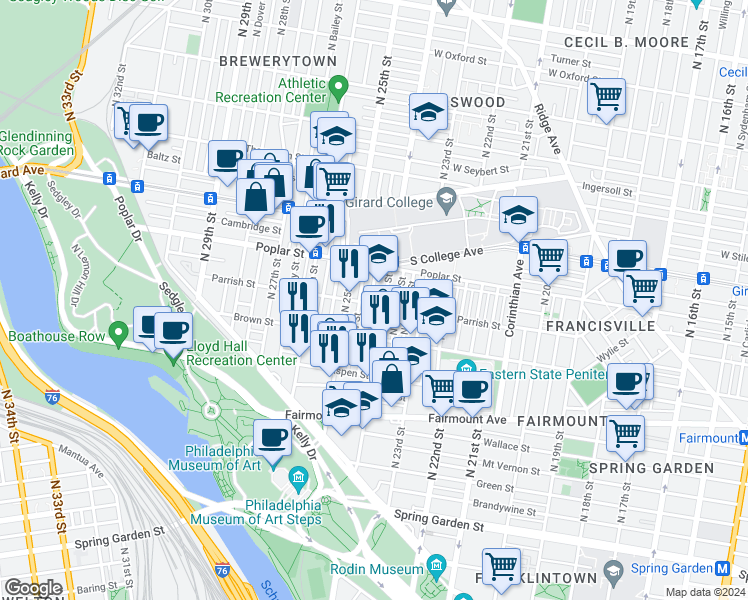 map of restaurants, bars, coffee shops, grocery stores, and more near 851 North Ringgold Street in Philadelphia