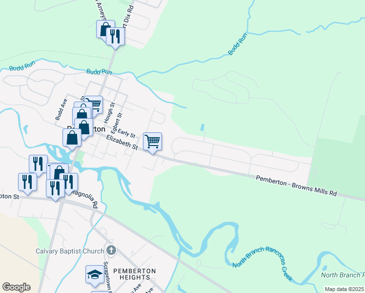 map of restaurants, bars, coffee shops, grocery stores, and more near 1024 Pemberton Browns Mills Road in Pemberton