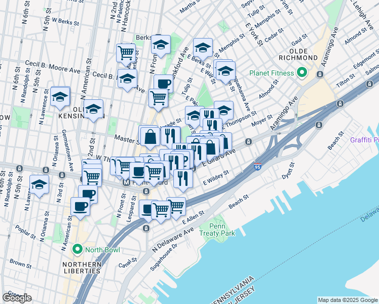 map of restaurants, bars, coffee shops, grocery stores, and more near 1235 East Columbia Avenue in Philadelphia