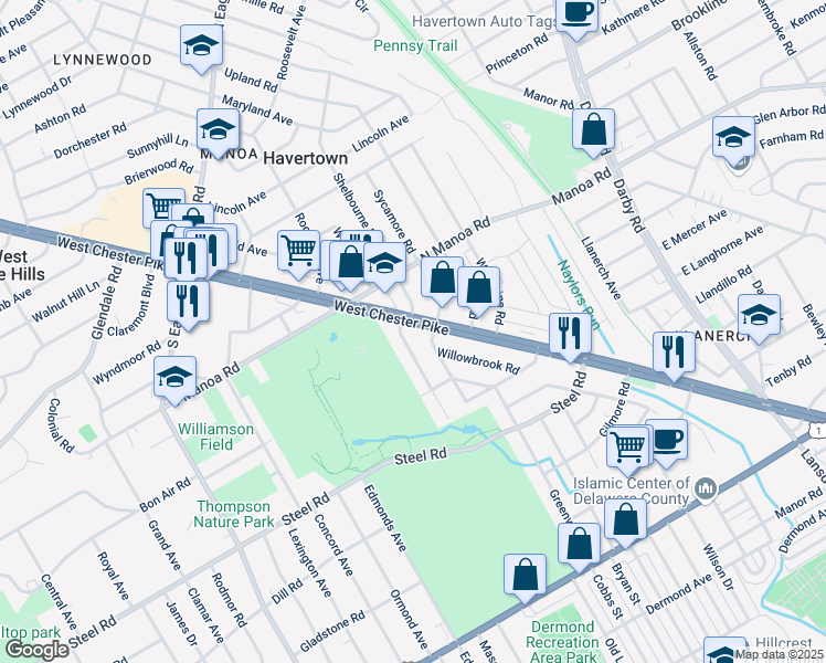 map of restaurants, bars, coffee shops, grocery stores, and more near 629 Country Club Lane in Havertown