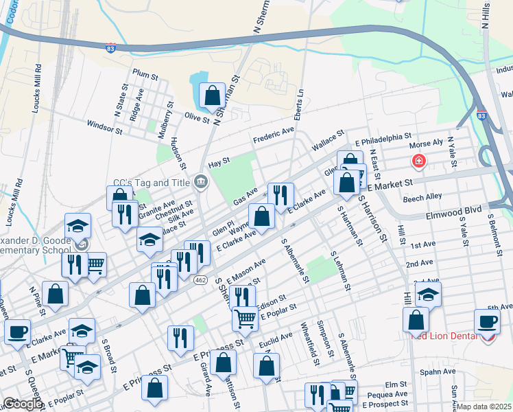 map of restaurants, bars, coffee shops, grocery stores, and more near 950 East Philadelphia Street in York