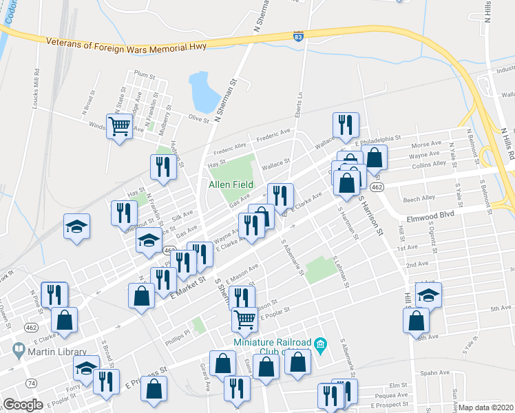 map of restaurants, bars, coffee shops, grocery stores, and more near 954 East Philadelphia Street in York