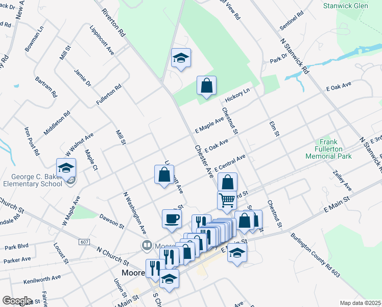 map of restaurants, bars, coffee shops, grocery stores, and more near 500 Chester Avenue in Moorestown