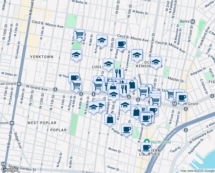 map of restaurants, bars, coffee shops, grocery stores, and more near 1229 North 6th Street in Philadelphia