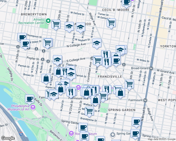 map of restaurants, bars, coffee shops, grocery stores, and more near 884 Corinthian Avenue in Philadelphia