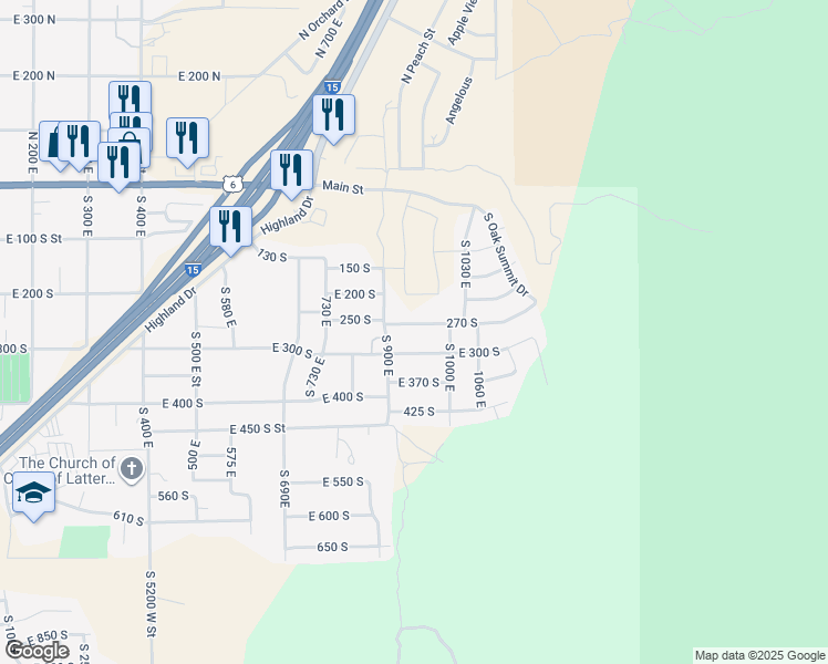 map of restaurants, bars, coffee shops, grocery stores, and more near 942 270 South in Santaquin