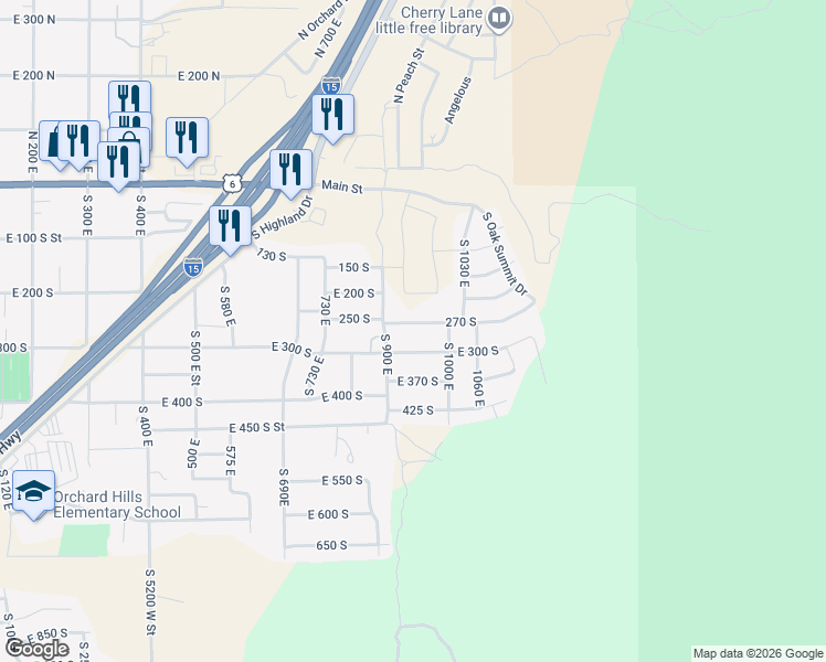 map of restaurants, bars, coffee shops, grocery stores, and more near 940 East South 300 in Santaquin