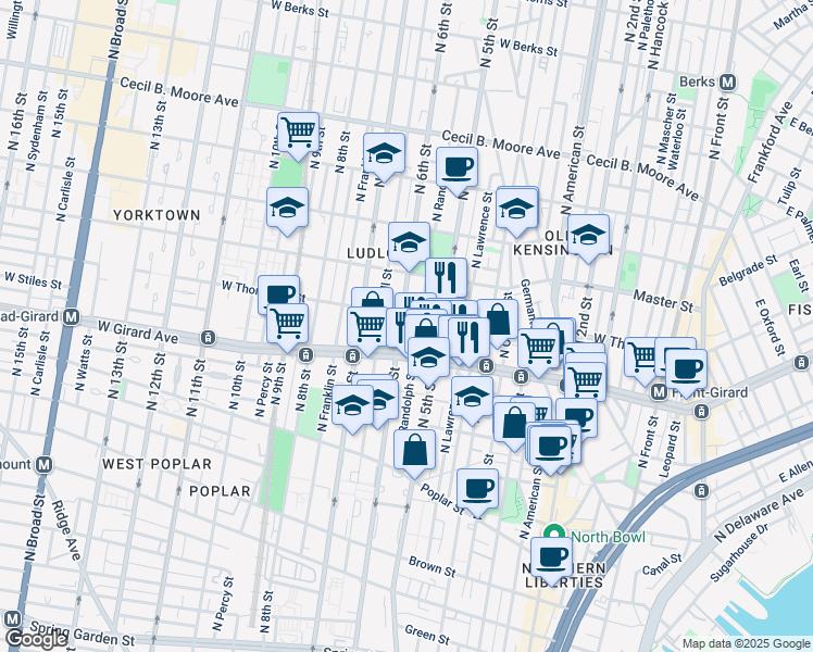map of restaurants, bars, coffee shops, grocery stores, and more near 1229 North 6th Street in Philadelphia