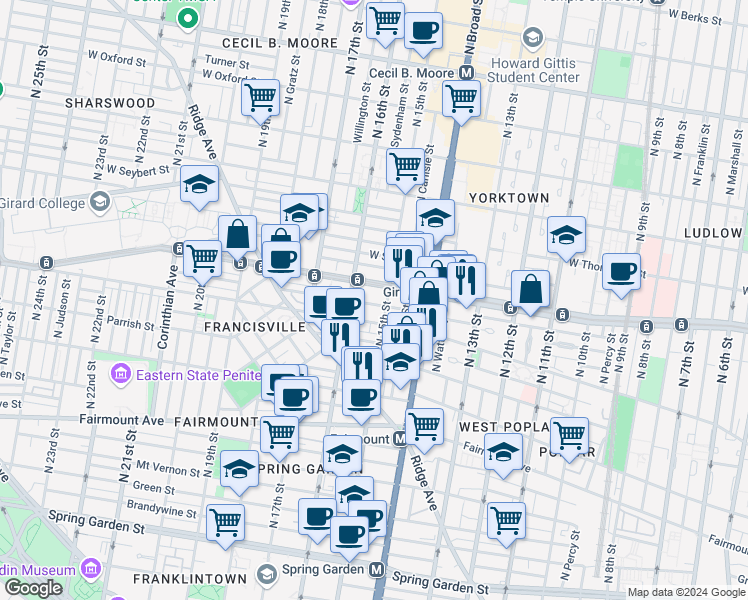 map of restaurants, bars, coffee shops, grocery stores, and more near 1515 Poplar Street in Philadelphia