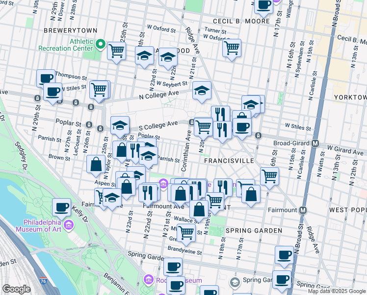 map of restaurants, bars, coffee shops, grocery stores, and more near 884 Corinthian Avenue in Philadelphia