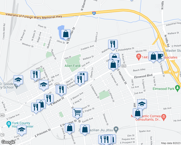 map of restaurants, bars, coffee shops, grocery stores, and more near 982 Wayne Avenue in York