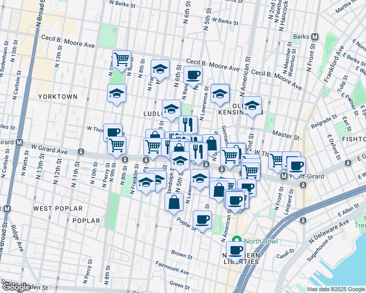 map of restaurants, bars, coffee shops, grocery stores, and more near 1232 North 5th Street in Philadelphia