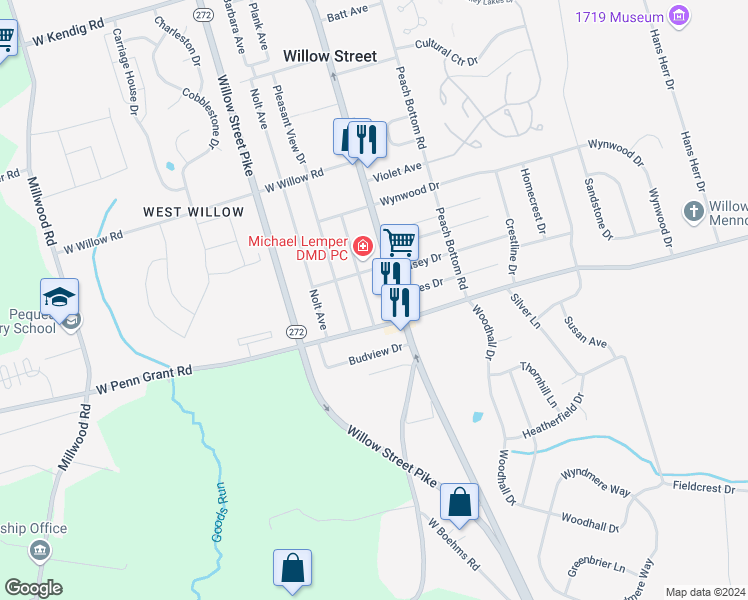 map of restaurants, bars, coffee shops, grocery stores, and more near 341 Carol Lynn Drive in Willow Street