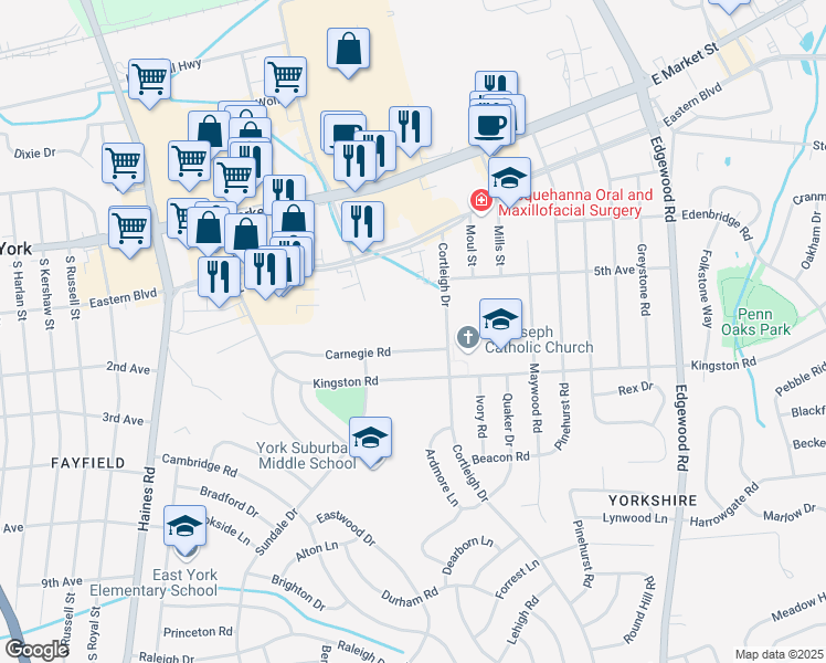 map of restaurants, bars, coffee shops, grocery stores, and more near 2757 Carnegie Road in East York