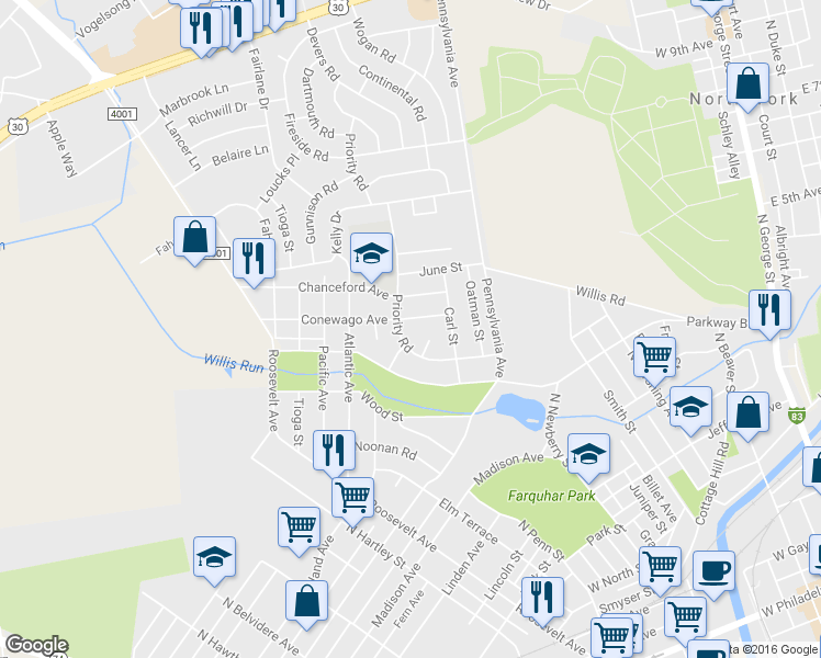 map of restaurants, bars, coffee shops, grocery stores, and more near 767 Priority Road in York