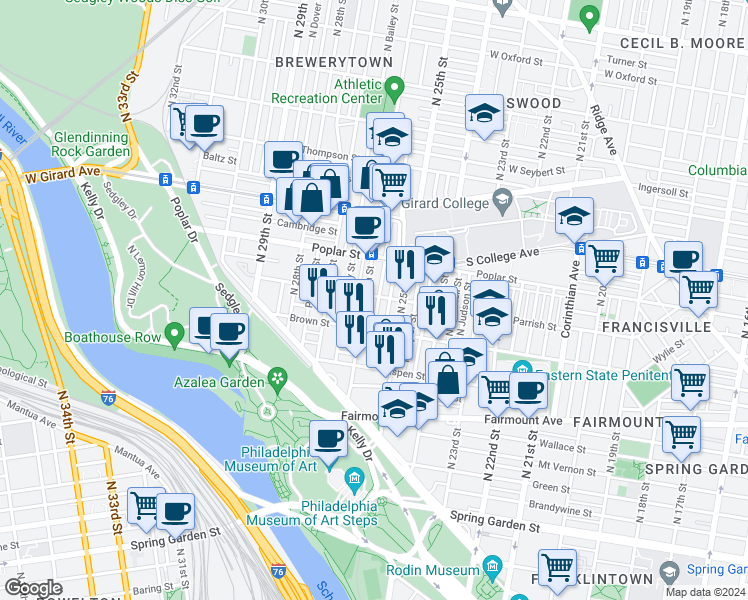 map of restaurants, bars, coffee shops, grocery stores, and more near 2532 Parrish Street in Philadelphia
